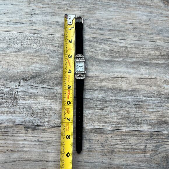 Vintage Silver Tank Watch Rhinestone Bezel Mother of Pearl Face Black Strap main image 6